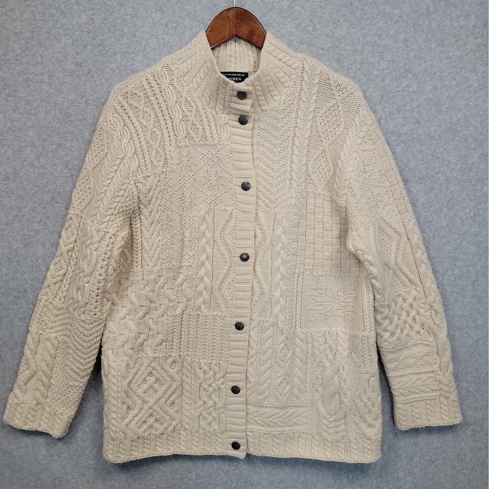 VTG Ralph Lauren Hand Knit Wool Cardigan Sweater Women's XL Cream Holiday Cable